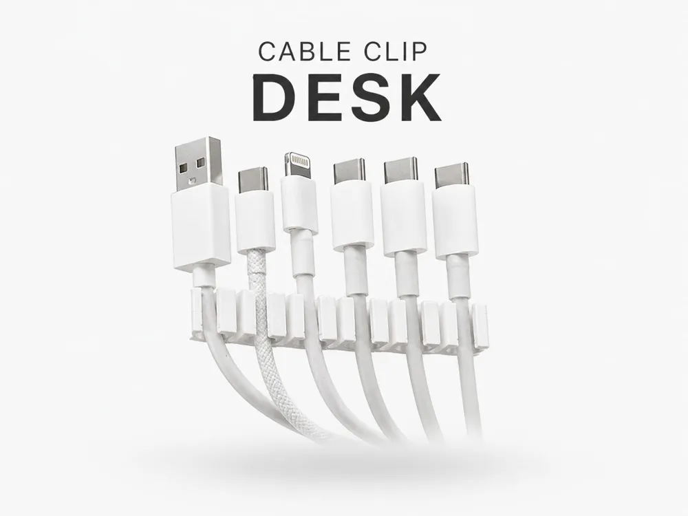 White 3D printed desk cable organizer clip holding charging cables