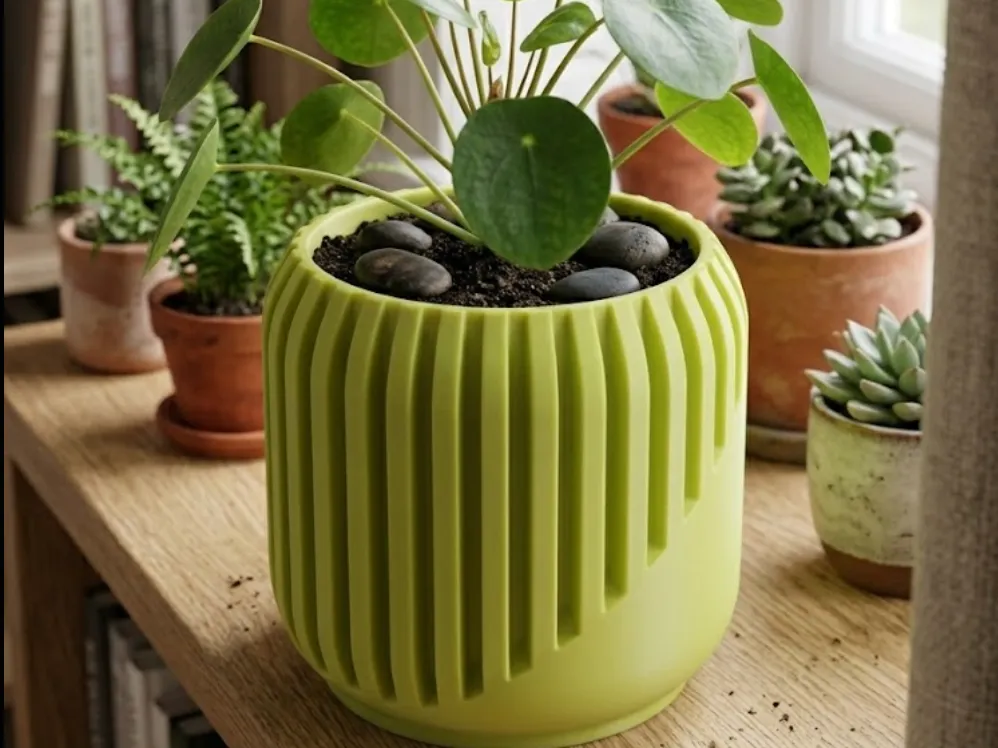 Green ribbed 3D printed modular planter with a pilea plant